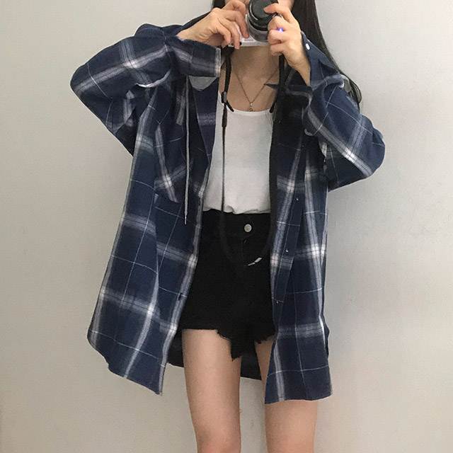 ユニセックス] ルーズフィットフード付きチェックシャツ