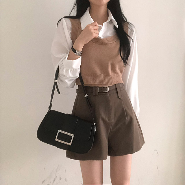 3color/ベルトセット]タック入りスラックスショートパンツ