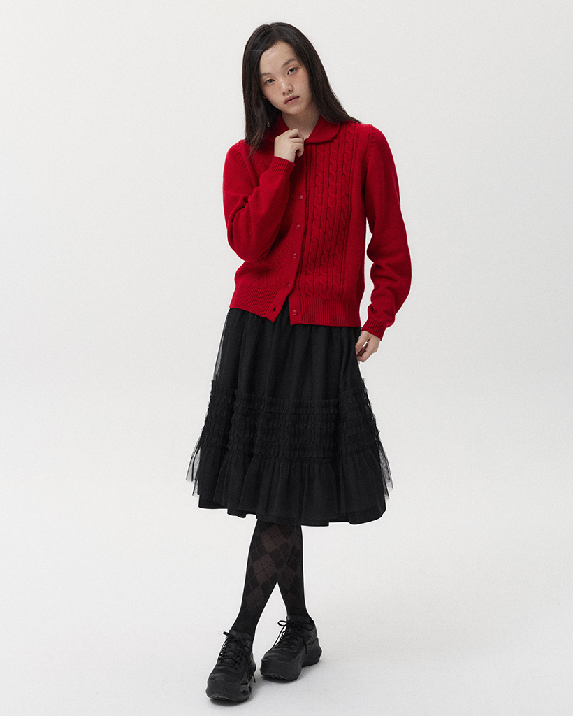 ROUND COLLAR JACQUARD CARDIGAN, RED