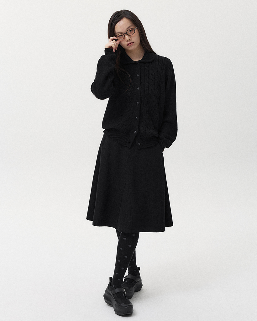 ROUND COLLAR JACQUARD CARDIGAN, BLACK