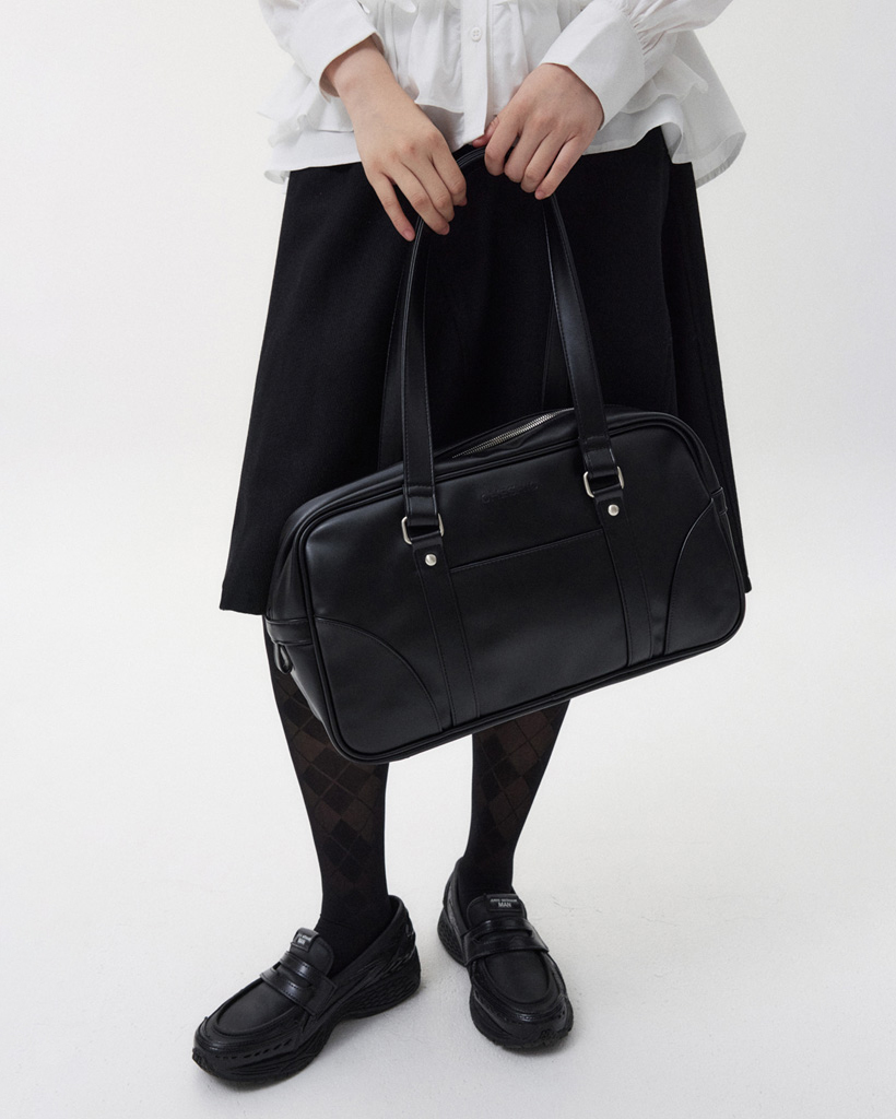 VINTAGE SQUARE LEATHER TOTE BAG, BLACK | ファッション通販