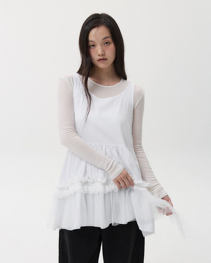 SHEER FRILL LAYERED DRESS, WHITE