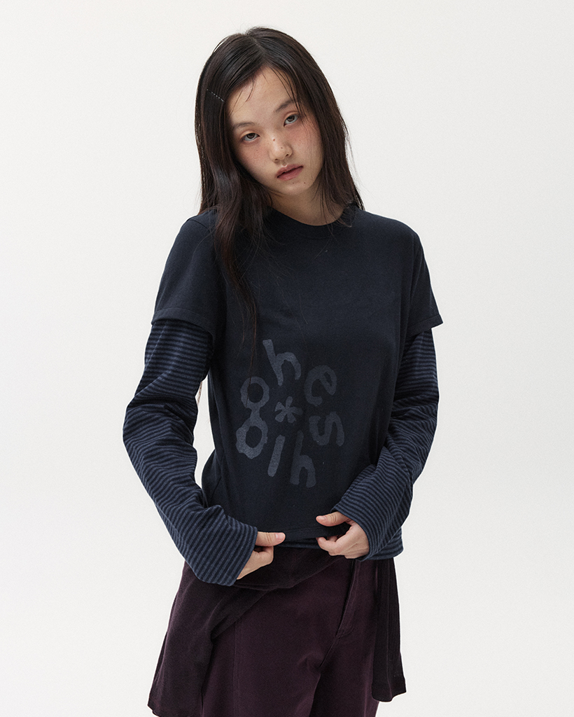 LOGO LAYERED STRIPE LONG T-SHIRT, NAVY