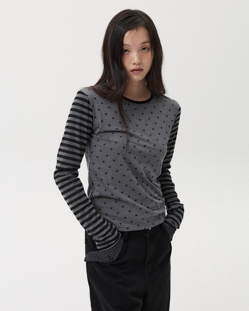 STAR STRIPE LONG T-SHIRT, CHARCOAL
