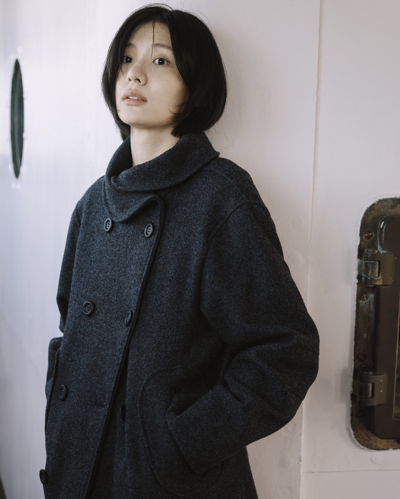 LAYERED COLLAR DOUBLE WOOL COAT, CHARCOAL