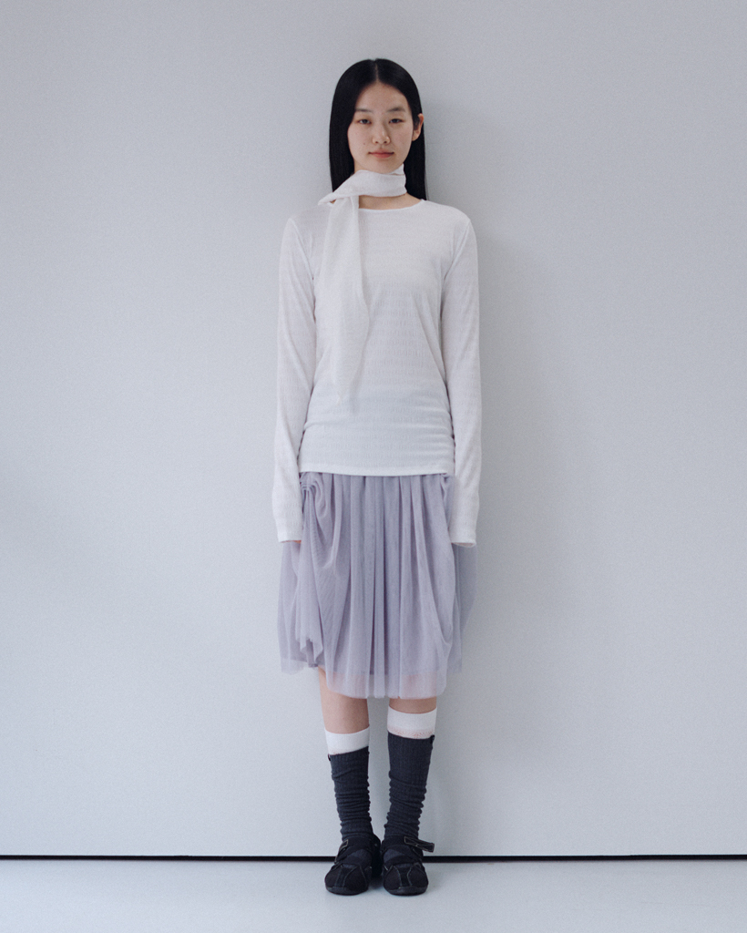 STRIPE PLEATED LONG SLEEVE, WHITE