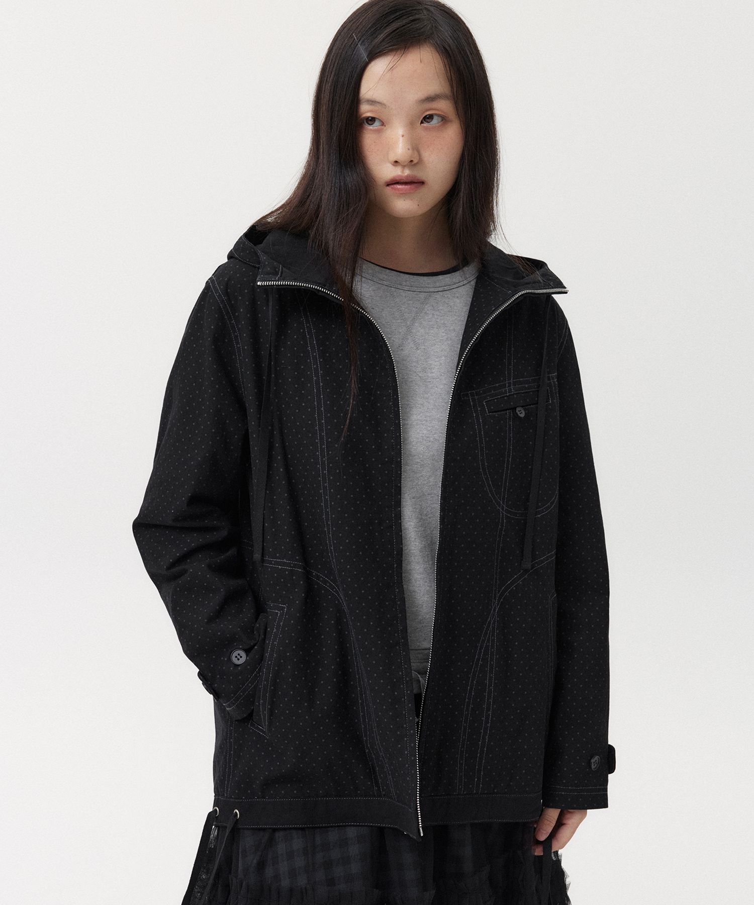 STITCH DOT HOODED ZIP-UP, BLACK