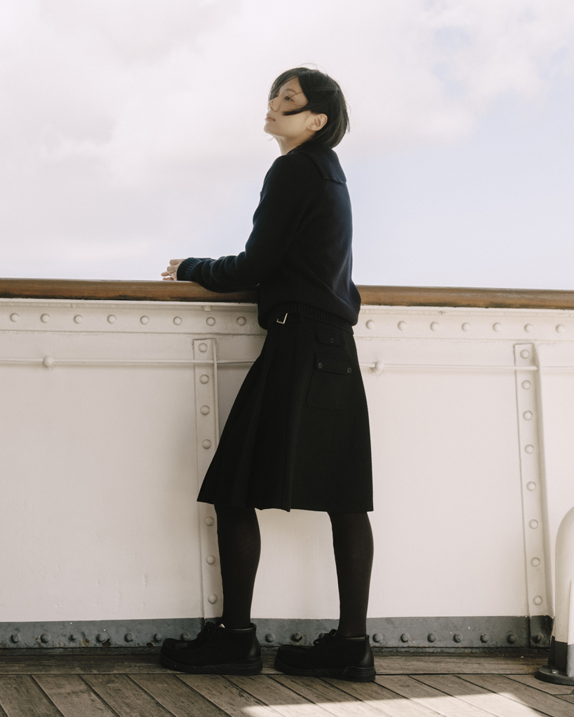 WOOL PLEATED WRAP SKIRT, BLACK