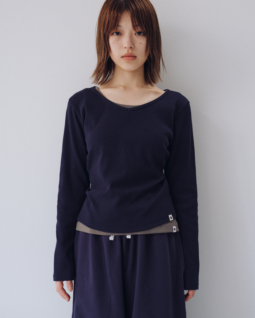 BASIC RIBBED V-NECK LONG SLEEVE, NAVY