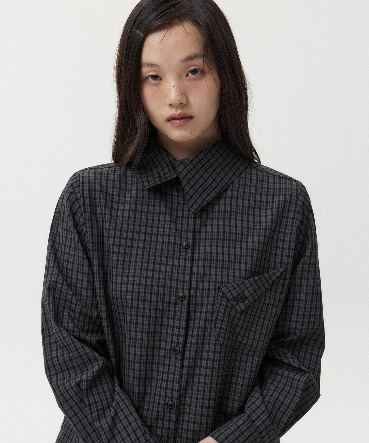 LAYERED COLLAR SHIRT, CHARCOAL CHECK