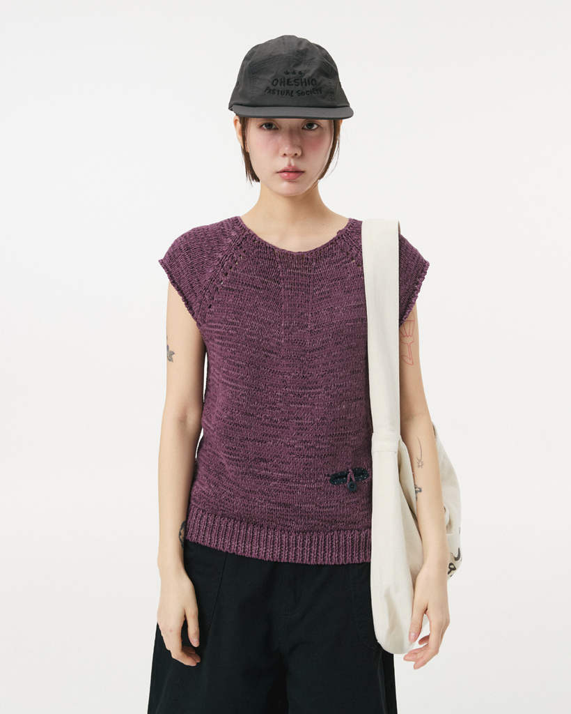 WEAVING POCKET CAP-SLEEVE KNIT, PURPLE