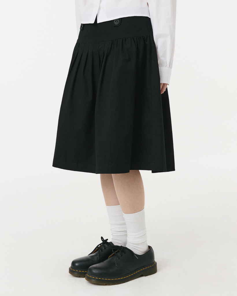 PLEATED COTTON MIDI SKIRT, BLACK
