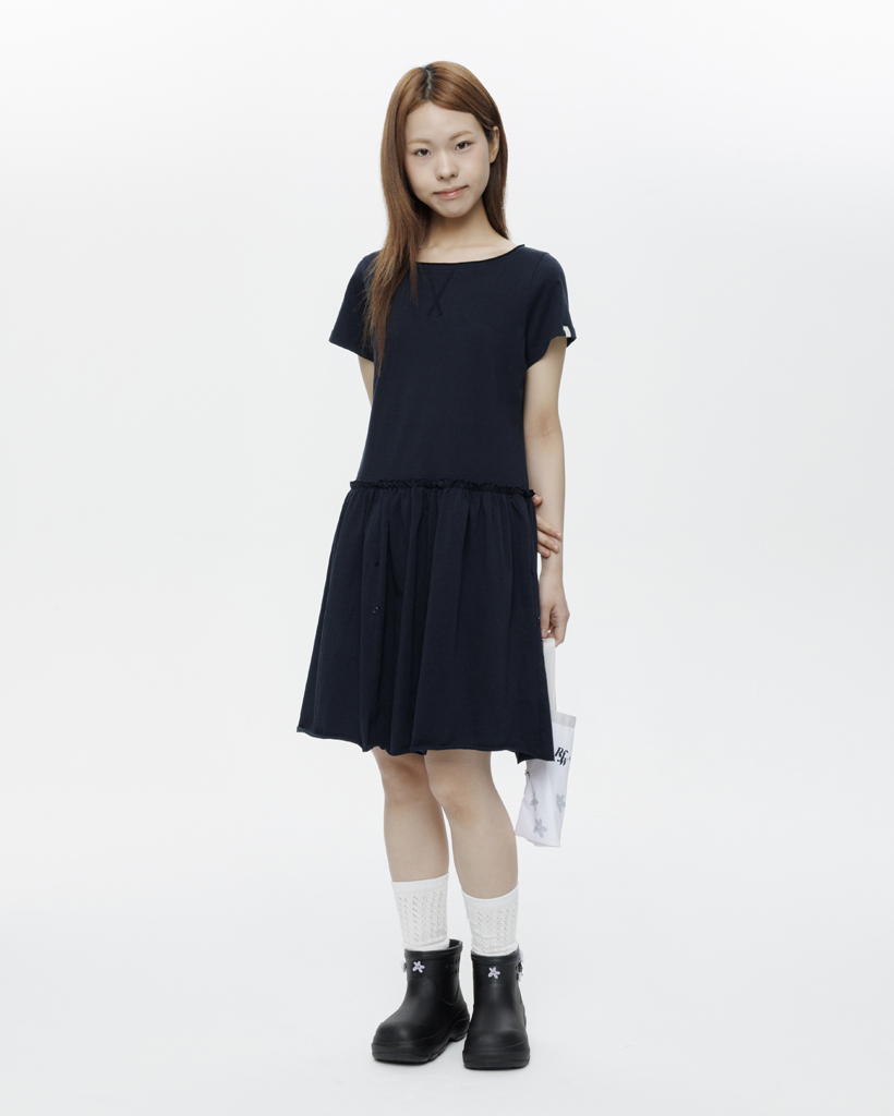 JERSEY FRILL DRESS, NAVY
