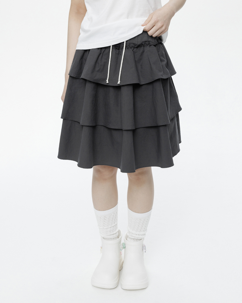 MIXED BANDING SHIRRING SKIRT, CHARCOAL