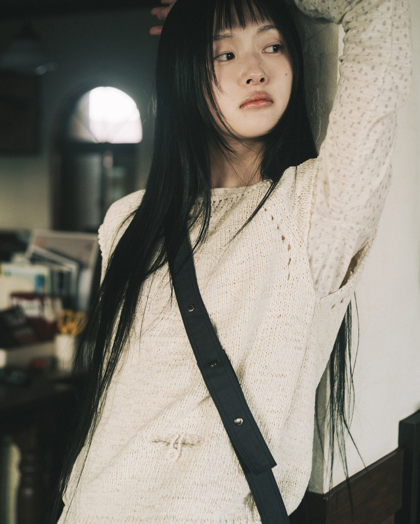 WEAVING POCKET CAP-SLEEVE KNIT, IVORY