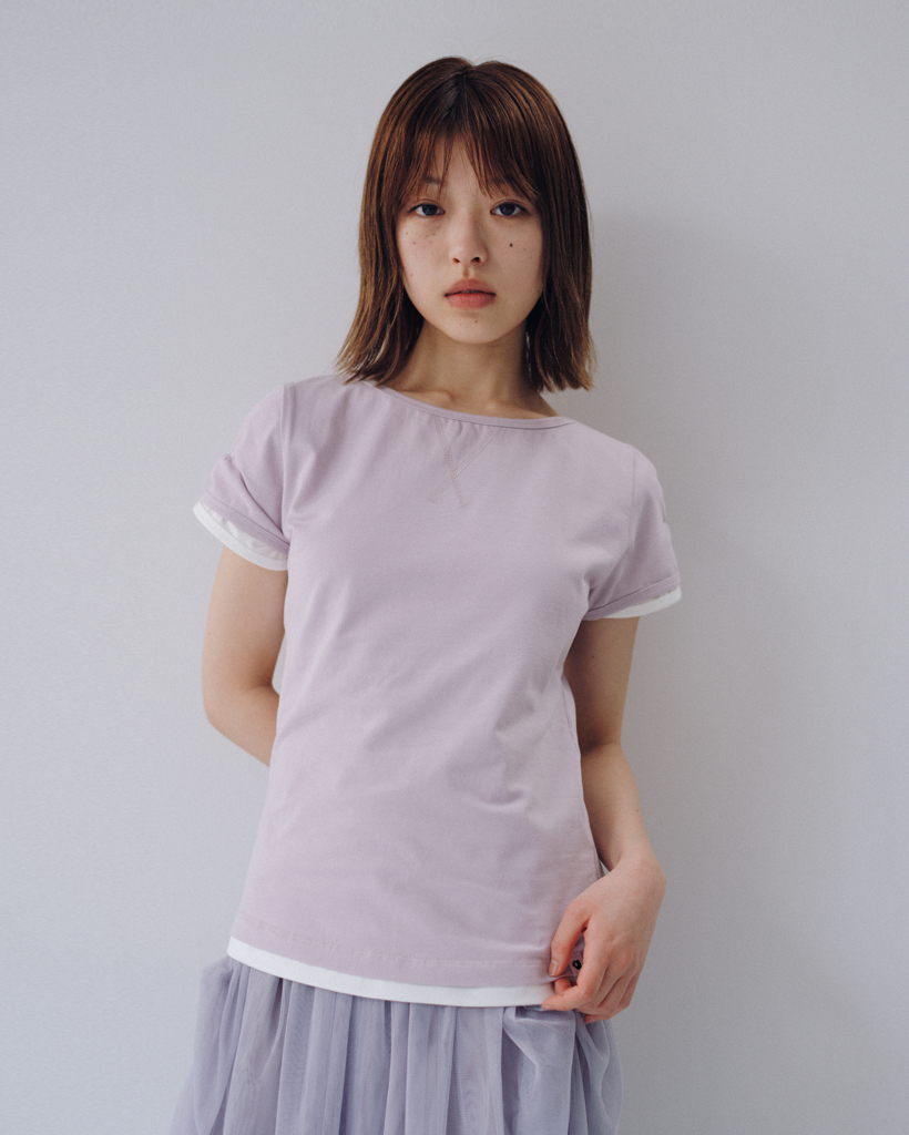 BACK BUTTON SHIRRING T-SHIRT, LAVENDER