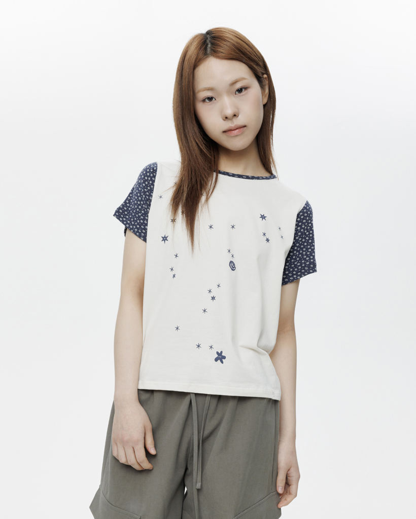 FLORAL TWO TONE T-SHIRT, CREAM