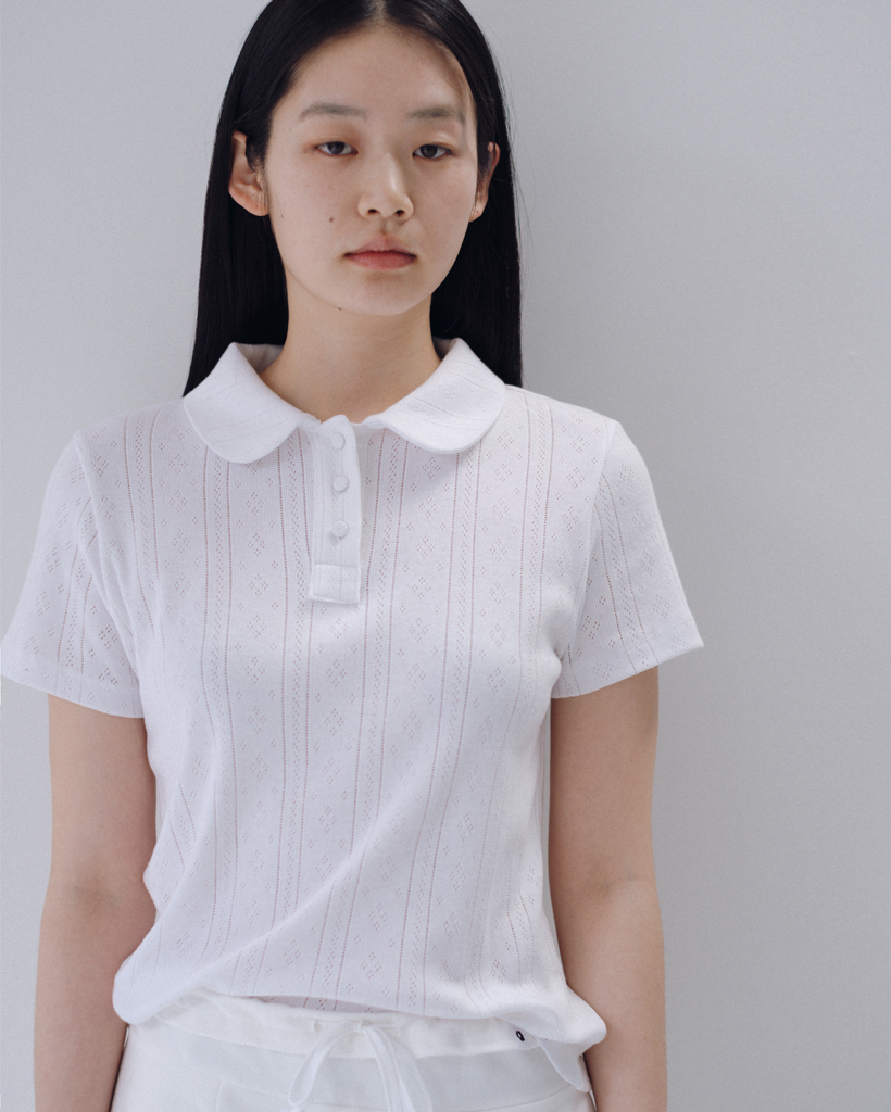 ROUND COLLAR JACQUARD PUNCHING TEE, WHITE