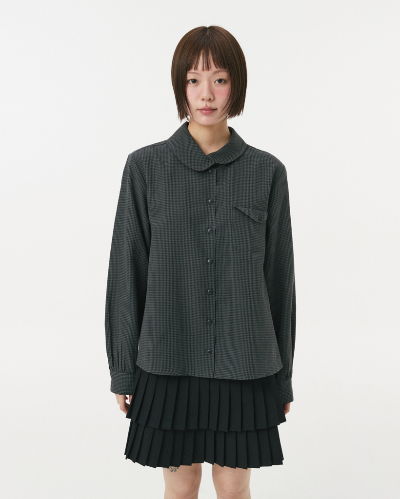 LAYERED COLLAR POCKET BLOUSE, CHARCOAL CHECK