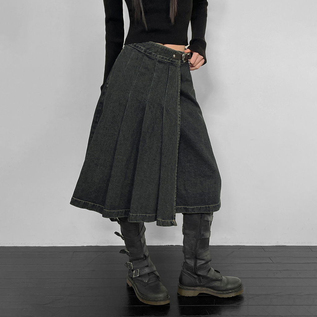 モアットベルトプリーツデニムミディスカート | ファッション通販