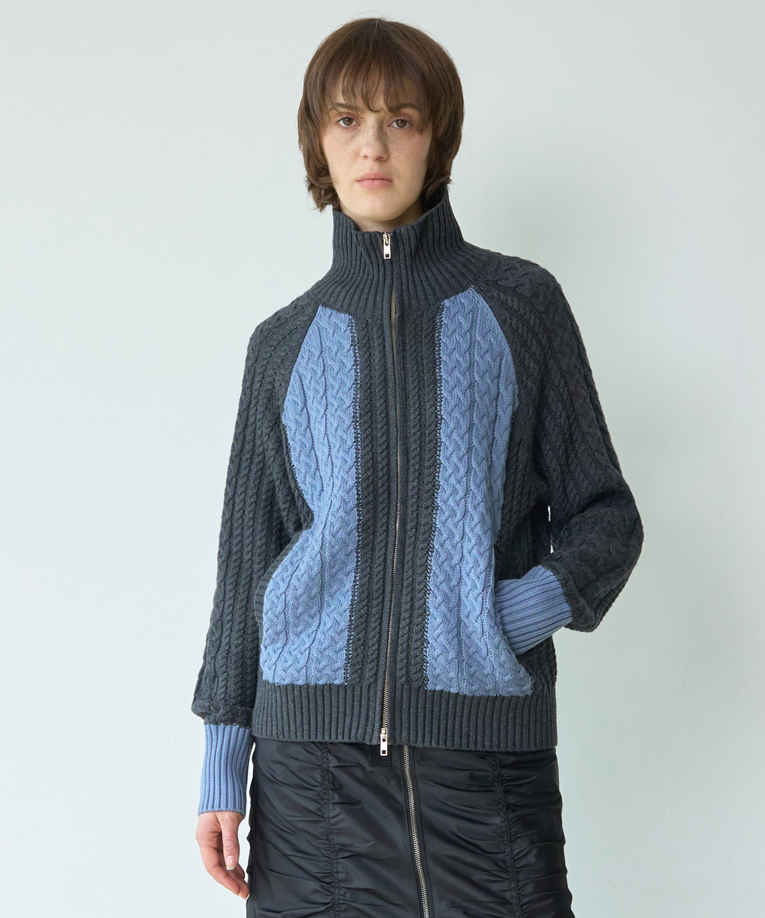 Mono Wool Knit Zip Up [Charcoal]