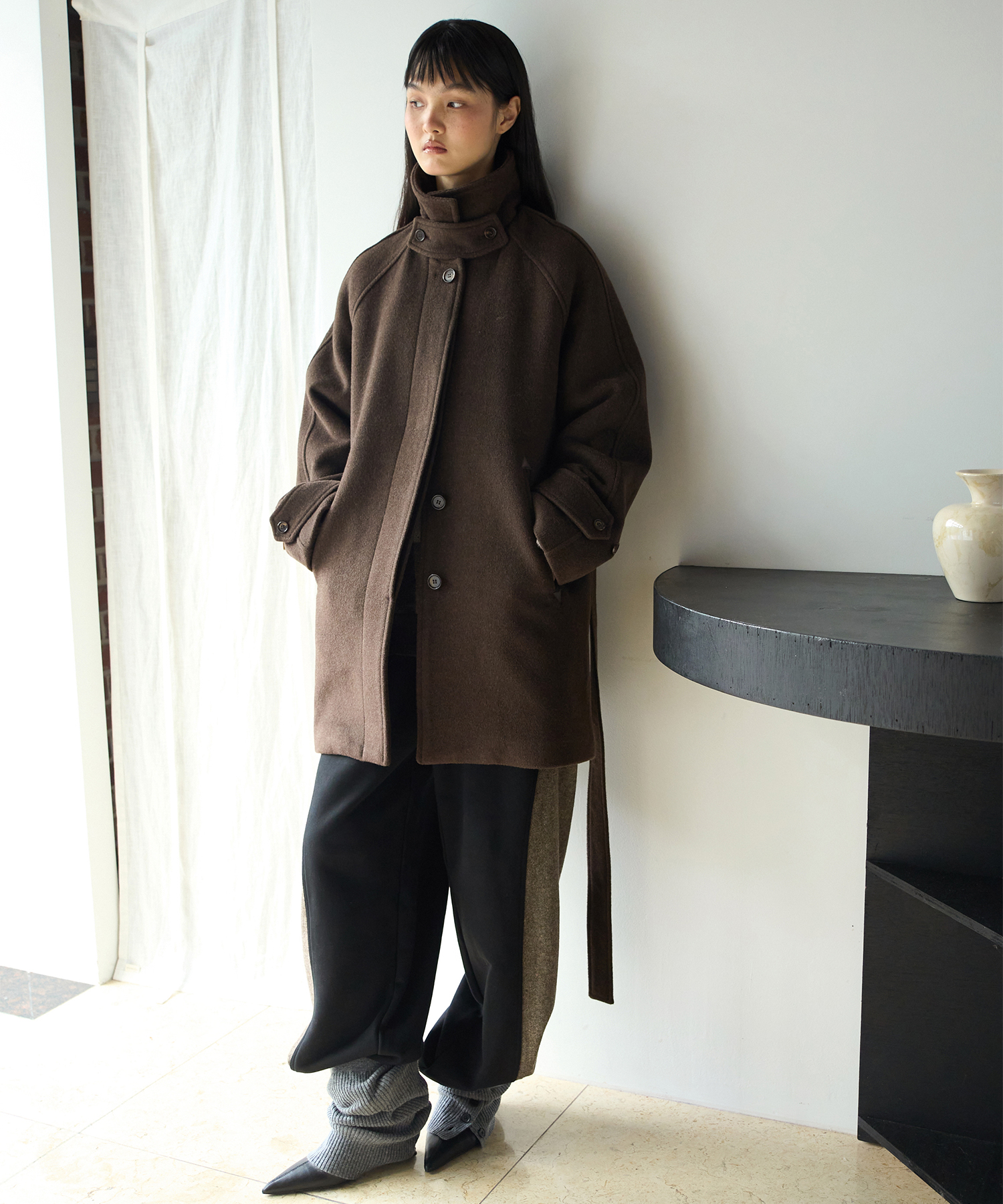 Wool Raglan Half Coat [Dark Brown]
