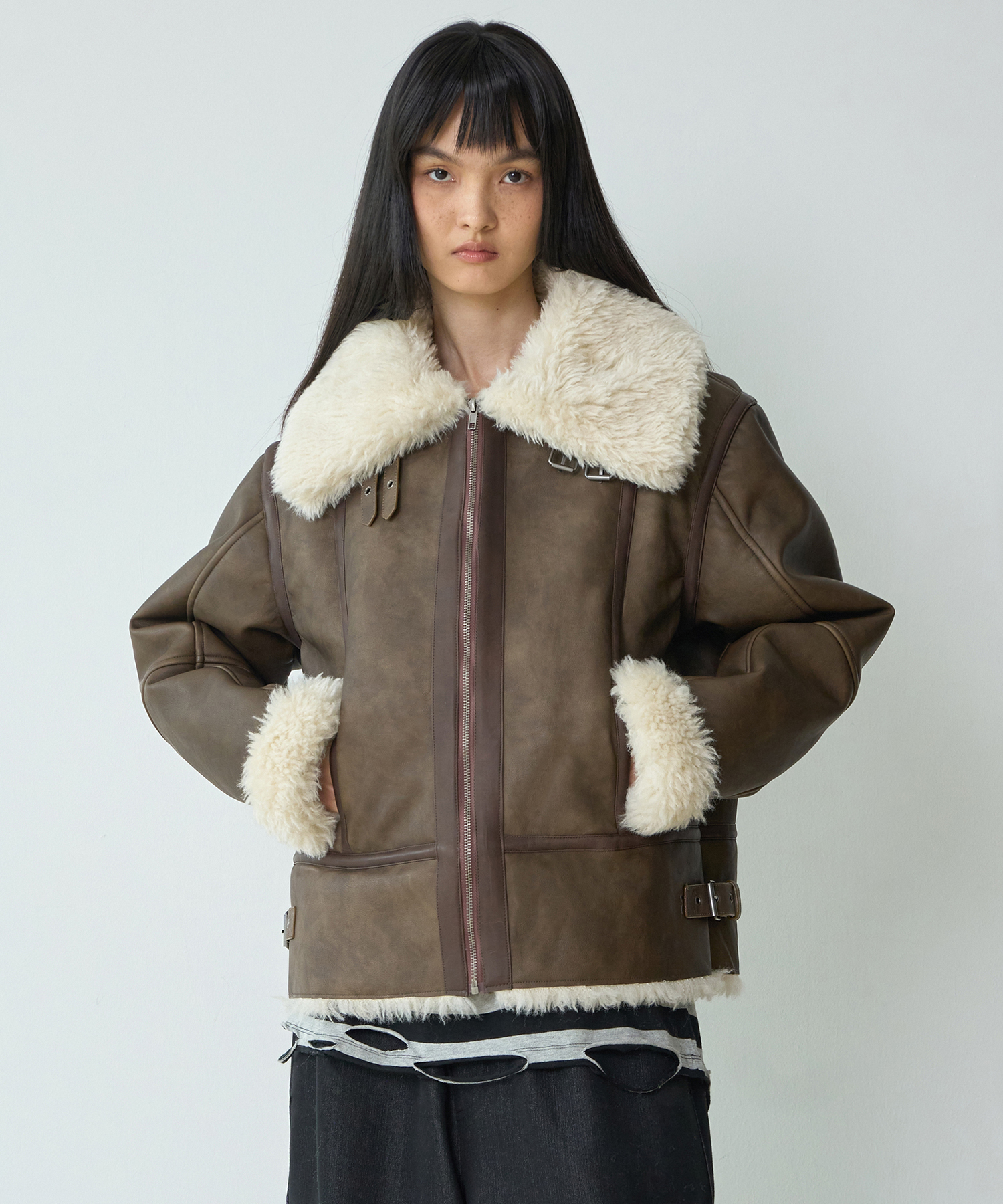 Fluffy Fur Shearling Jacket [Brown]