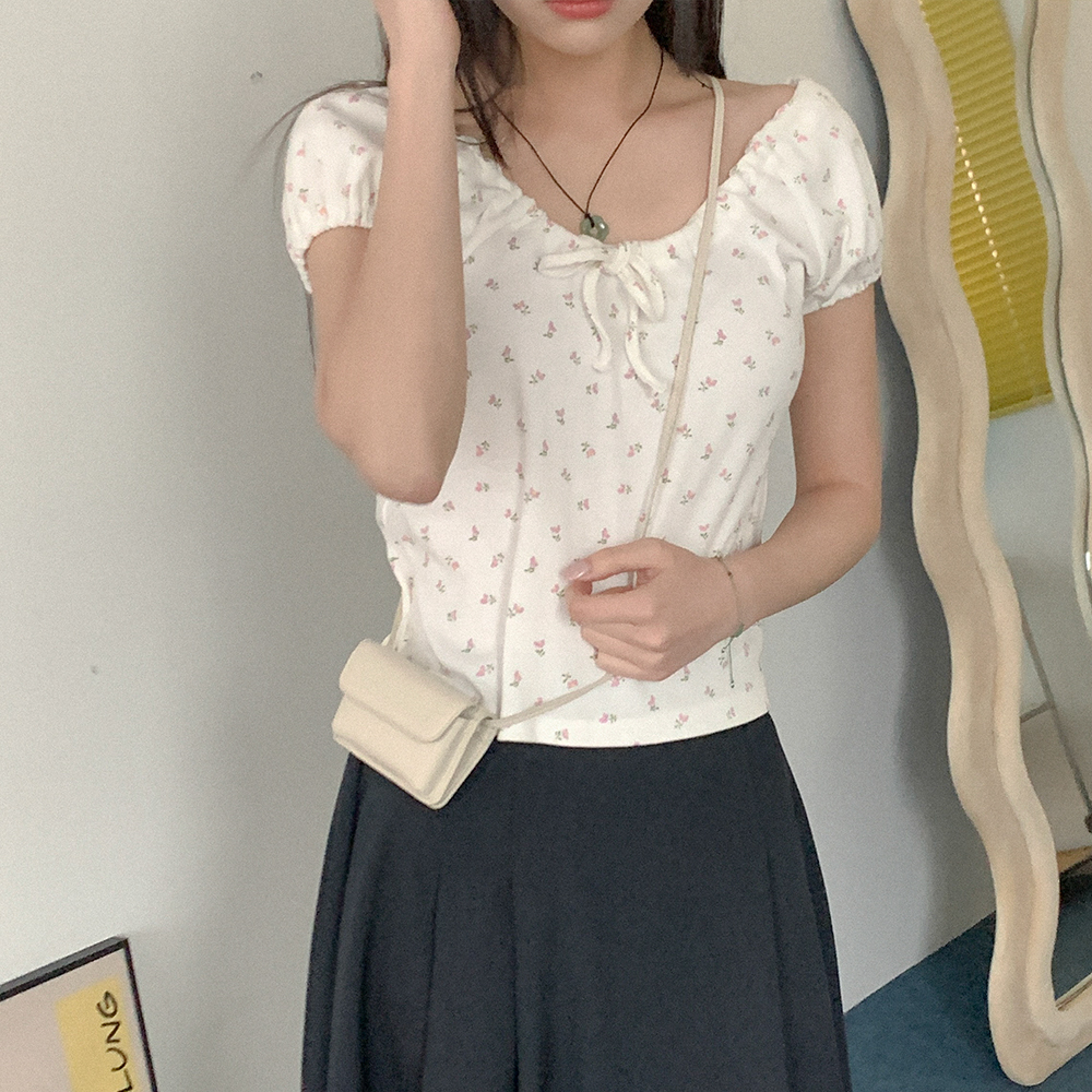 コットンフラワーリボンTシャツ