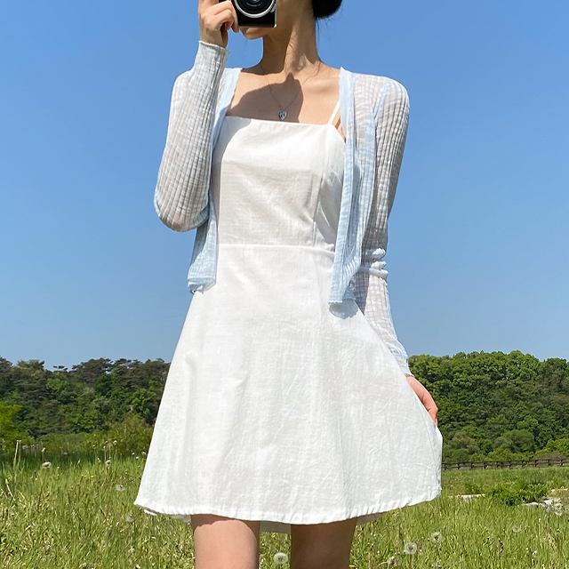 [裏地付き] ビスチェノースリーブミニホワイトコットンフレアワンピース