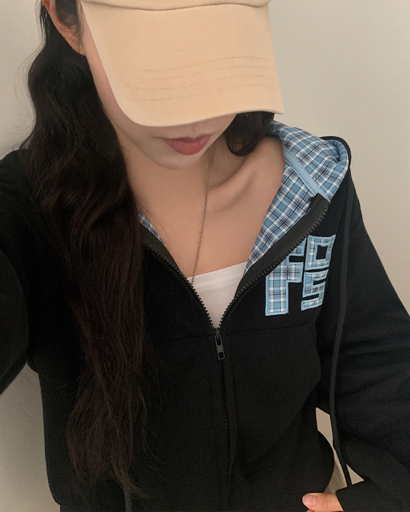 チェックバイカラールーズフィットクロップドパーカー | ファッション