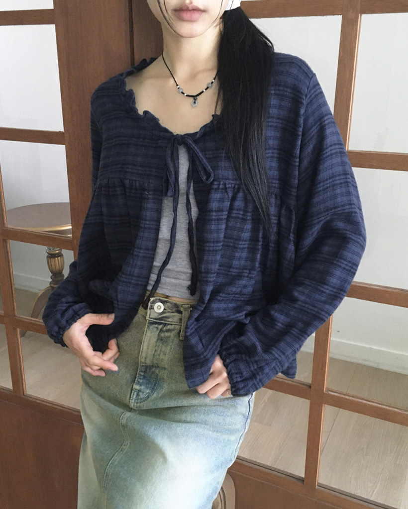 裏起毛チェックフリルリボンブラウス_秋服 | ファッション通販