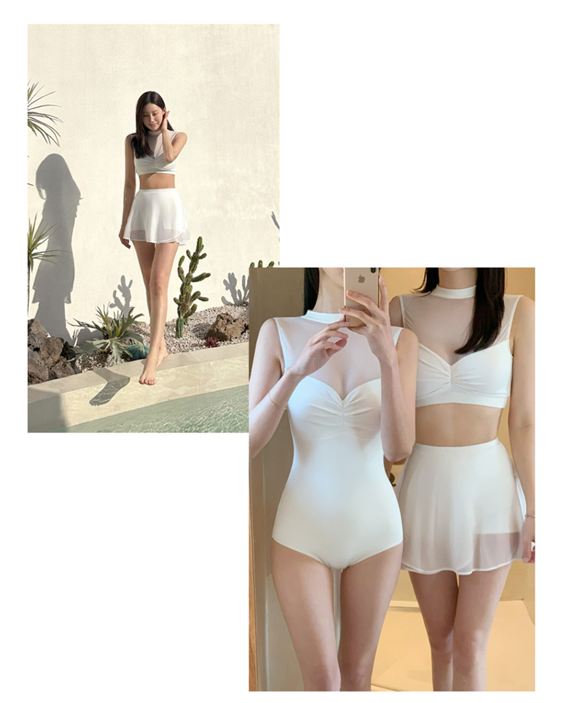 2ピース]ホルターネックシースルーシャーリングハイウエスト