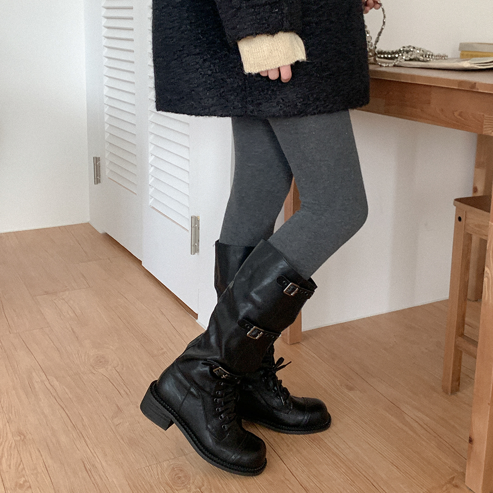 ブラックレザー ロングブーツ バックル付き ZARA 40 (26) バックル付き