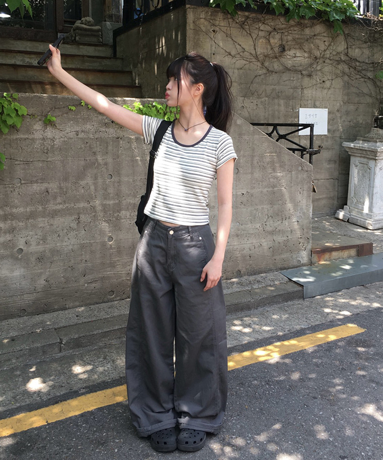 クロップドボーダーUネック半袖Tシャツ | ファッション通販