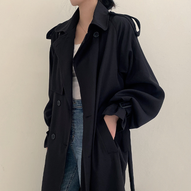 ロングオーバーサイズベルトブラックトレンチコート