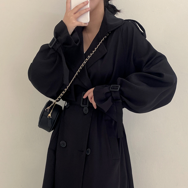 ロングオーバーサイズベルトブラックトレンチコート | ファッション