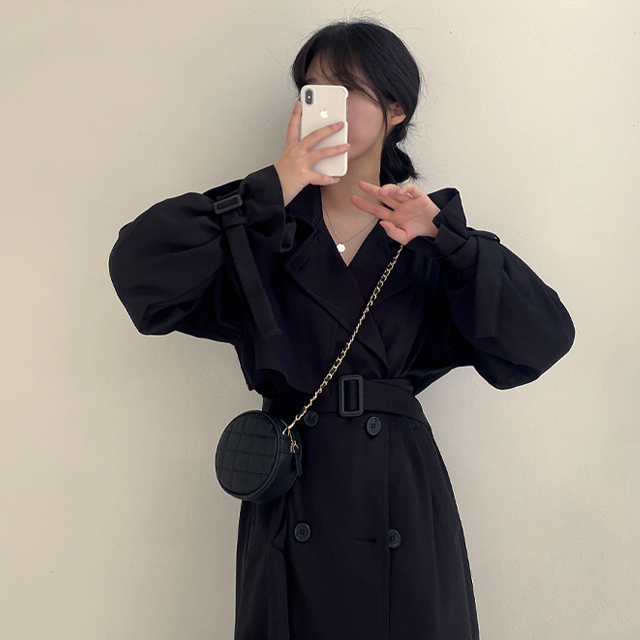 ロングオーバーサイズベルトブラックトレンチコート