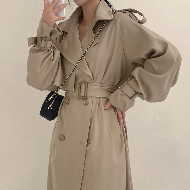 ロングオーバーサイズベルトブラックトレンチコート | ファッション