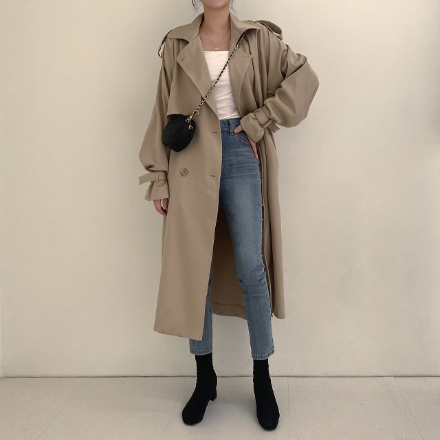 ロングオーバーサイズベルトブラックトレンチコート | ファッション