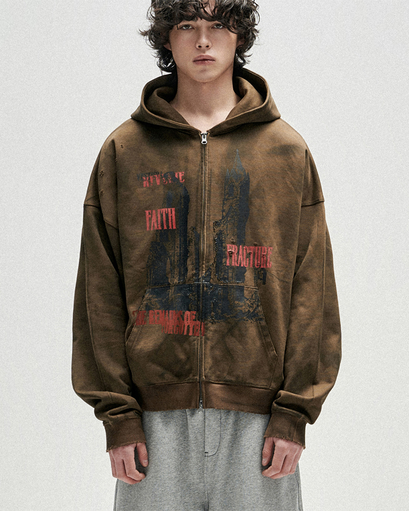 Cathedral Oil Washed Hood Zip Up - Brown