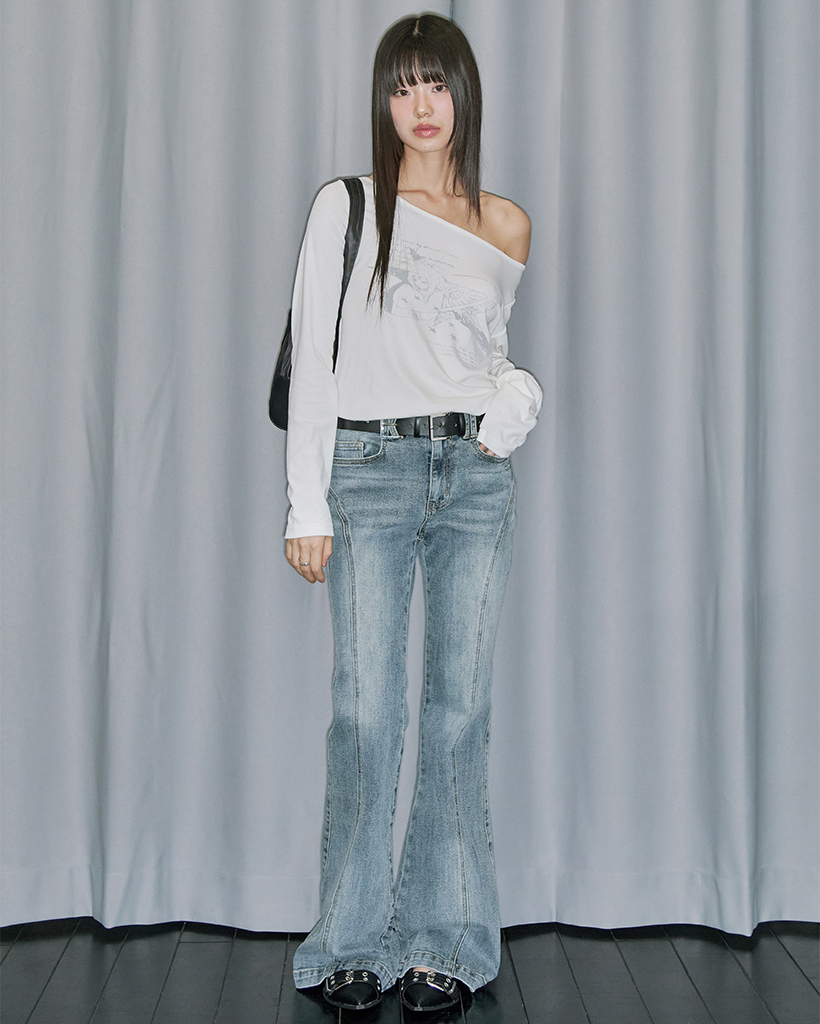 Curve Cut Bootcut Denim Pants - BLUE