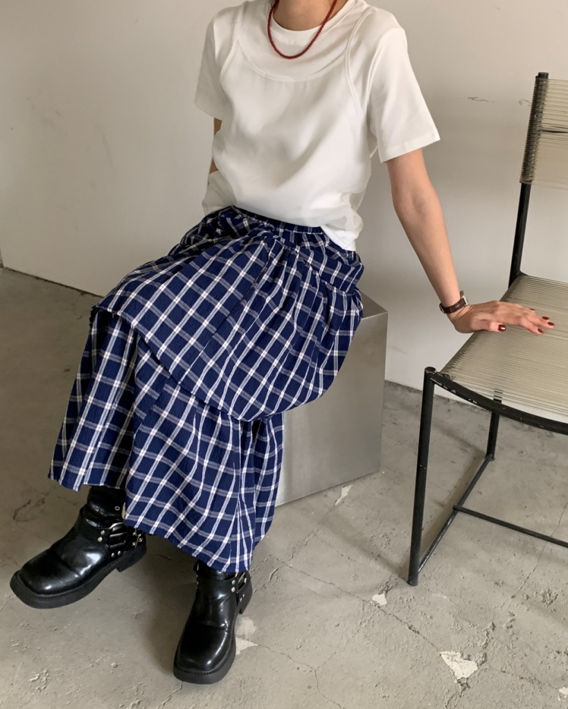 ウエストゴムアシンメトリー三段チェックティアードスカート