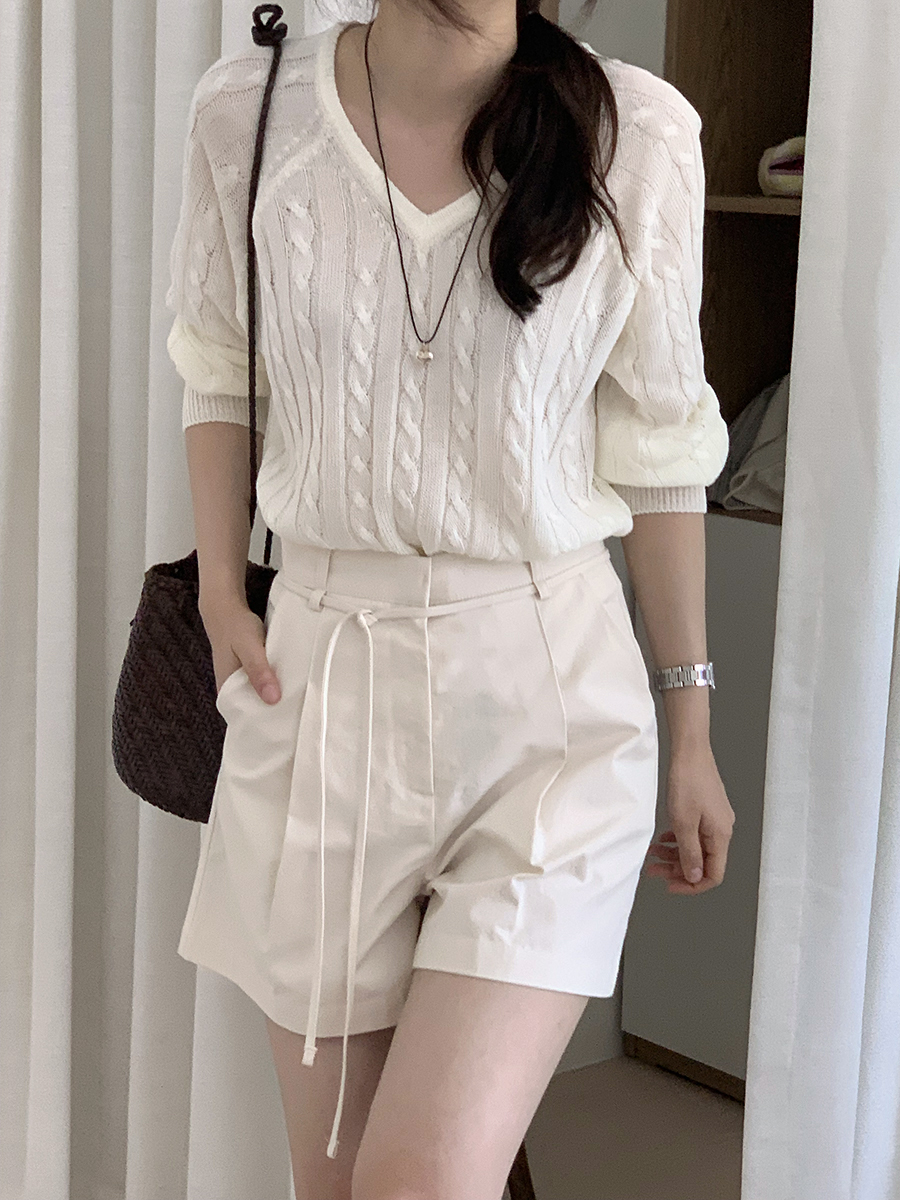 紐ベルトストラップタック入りコットンショートパンツ2color