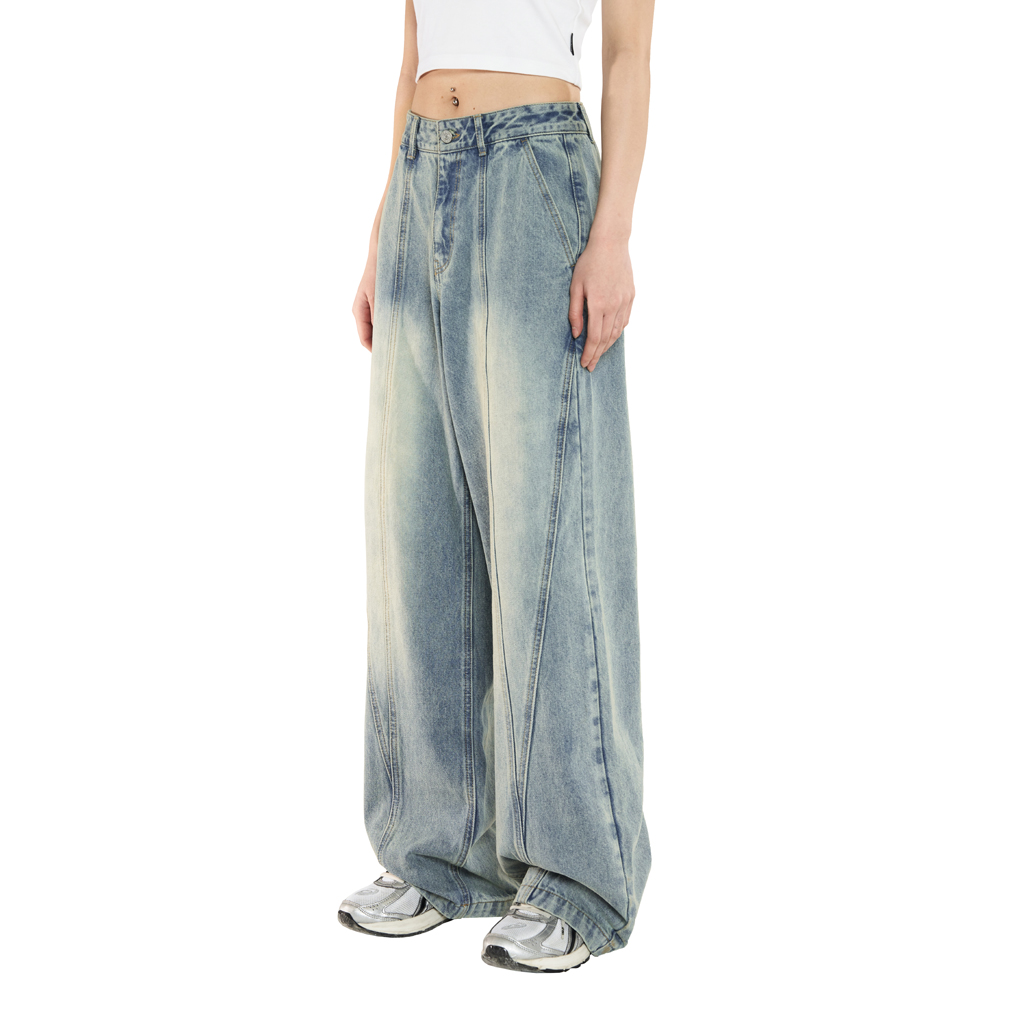 Diagonal cut wide denim pants - blue | ファッション通販