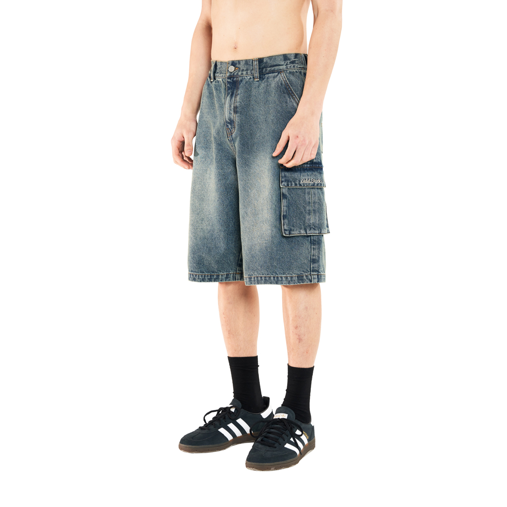 ★24SS新作★ODD STUDIO★Sand Washing Cargo Denim Half Pants Sand Washing Cargo Denim Half Pants - blue | ファッション