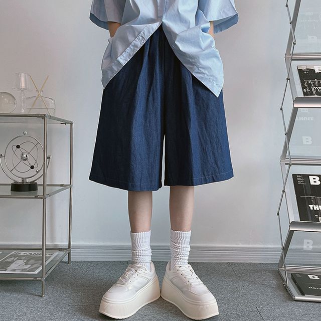 ローデニムワイドゴムデニムハーフパンツ