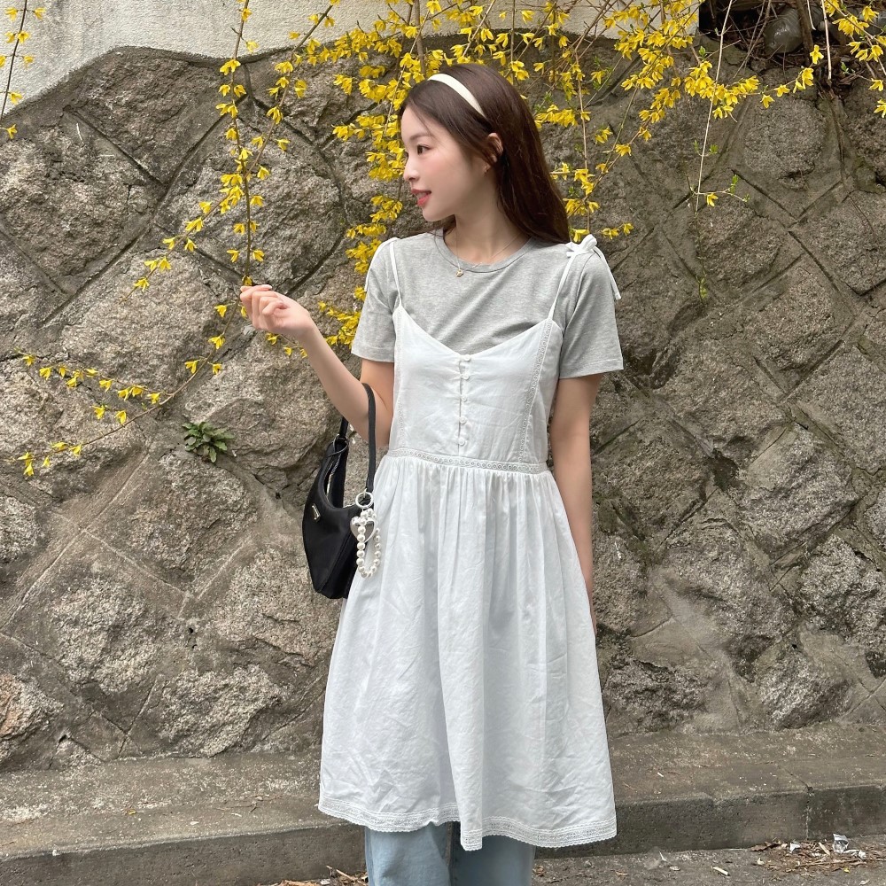 レースリボンノースリーブワンピース