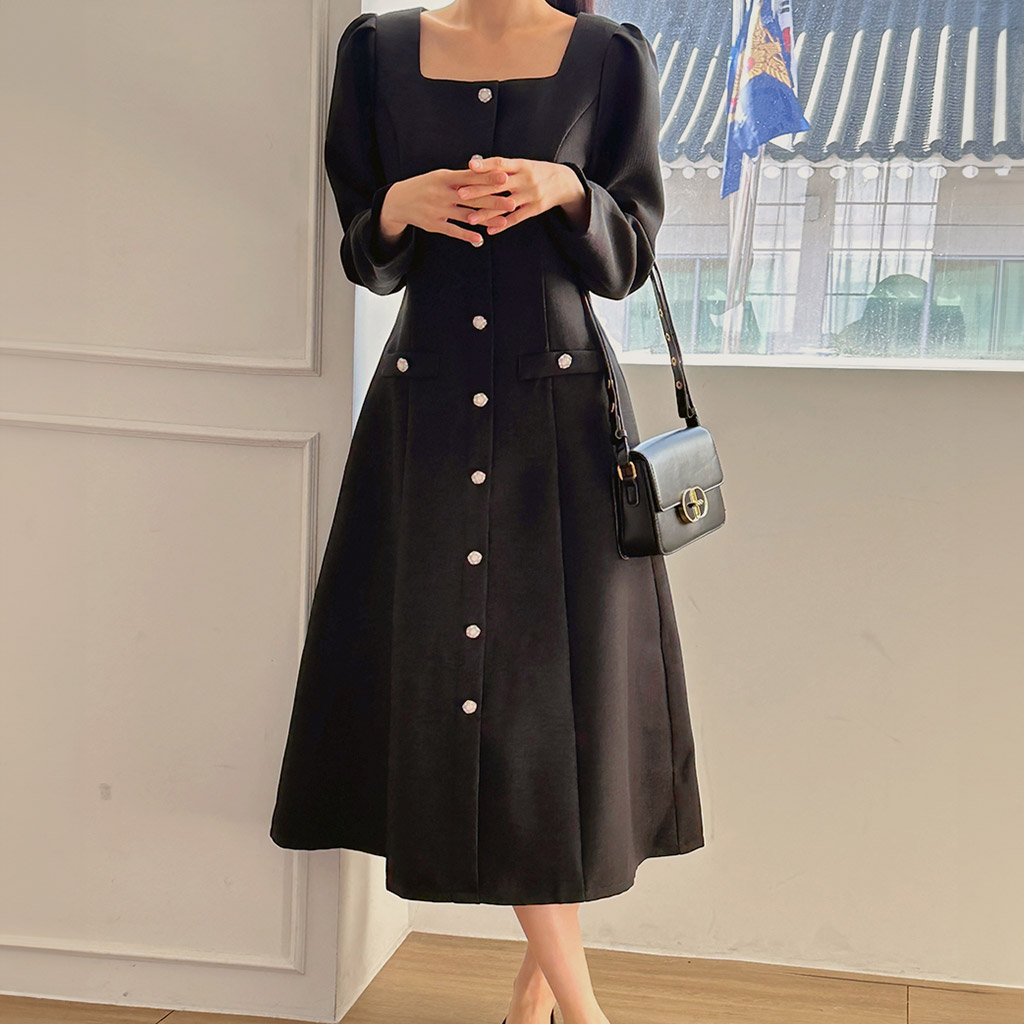 オケージョン】スクエアネックツイードAラインロングワンピース