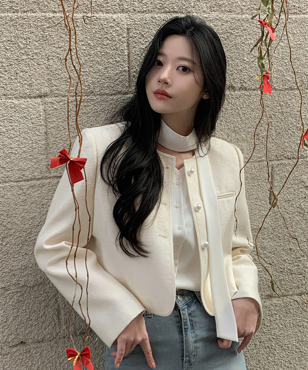 オケージョン】[original/S-L]ノーカラーツイードジャケット