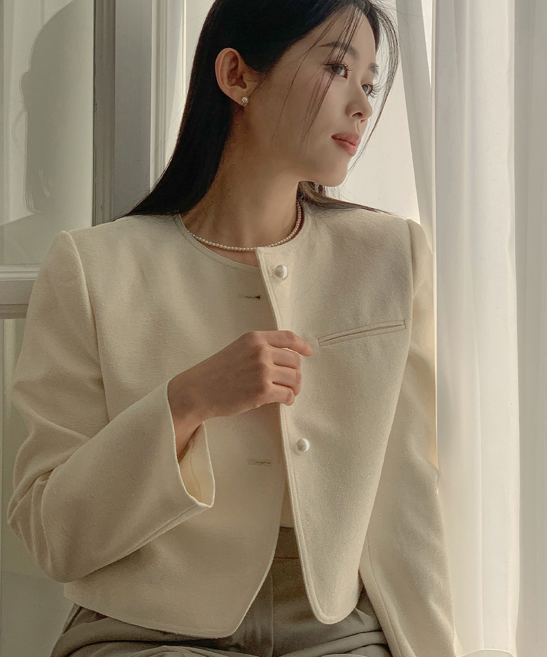 オケージョン】[original/S-L]ノーカラーツイードジャケット